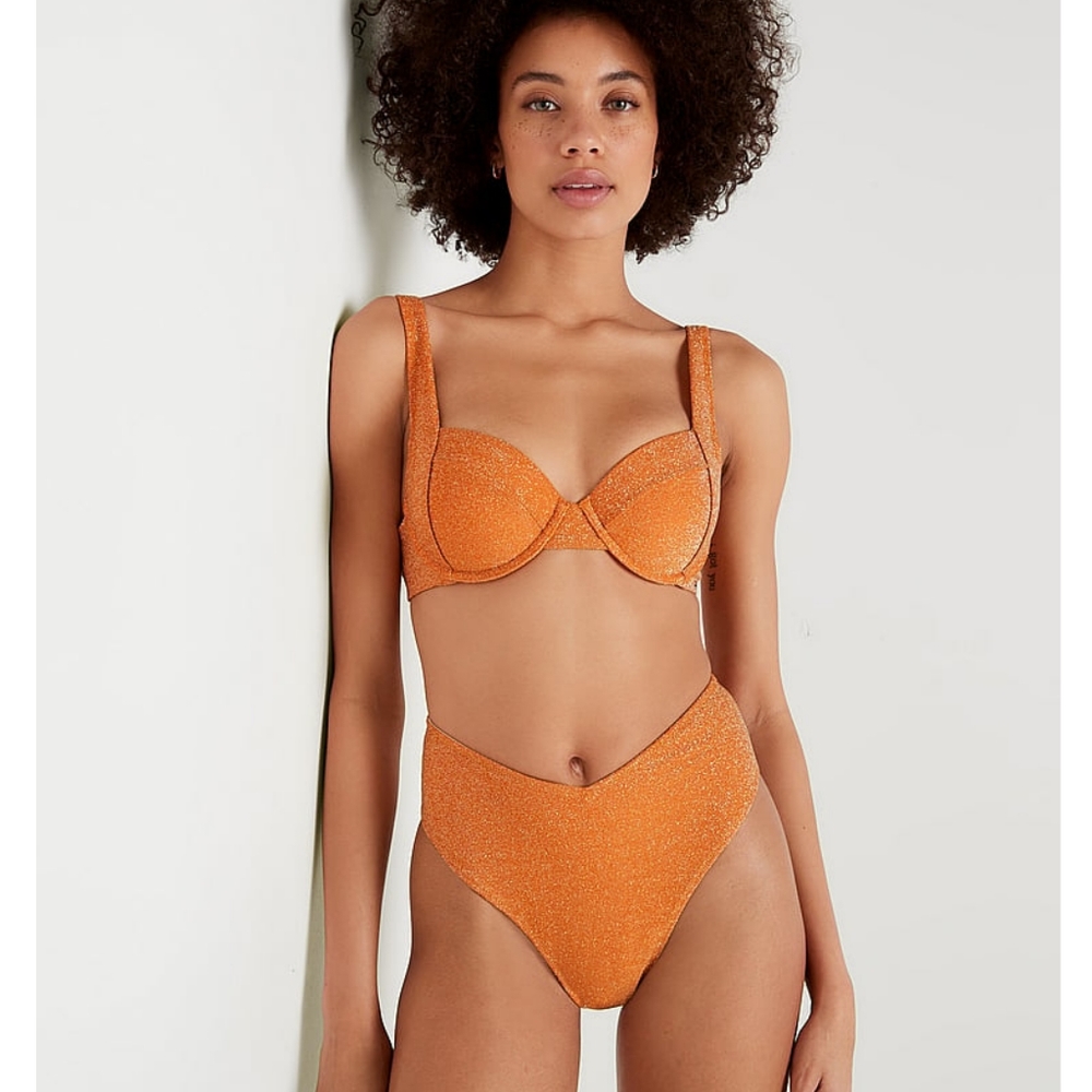 Victoria's Secret Shimmer Bikini Set Orange Push-up Top High Waist Bottom S/M